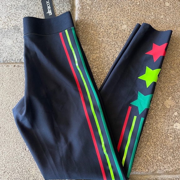 NWT XS Ultracor Black Leggings With Tri Color Stripes And Stars - Picture 1 of 8